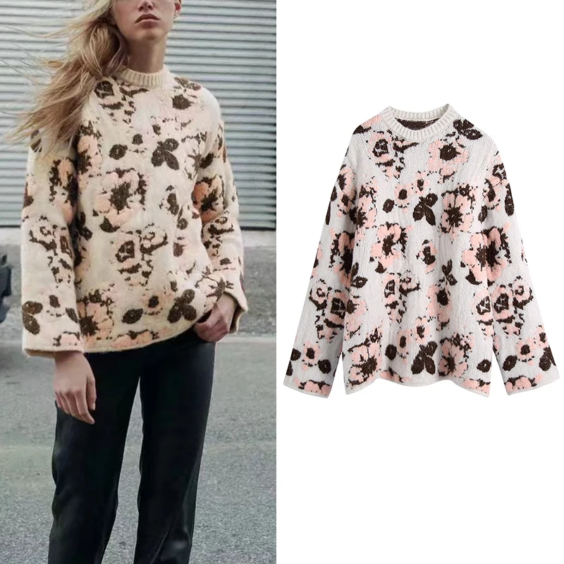 

Za Autumn Winter Women Floral Knitted Sweater 2021 Warm Pullover O-Neck Thick Top Female Oversized Couple Long Sleeve Streetwear