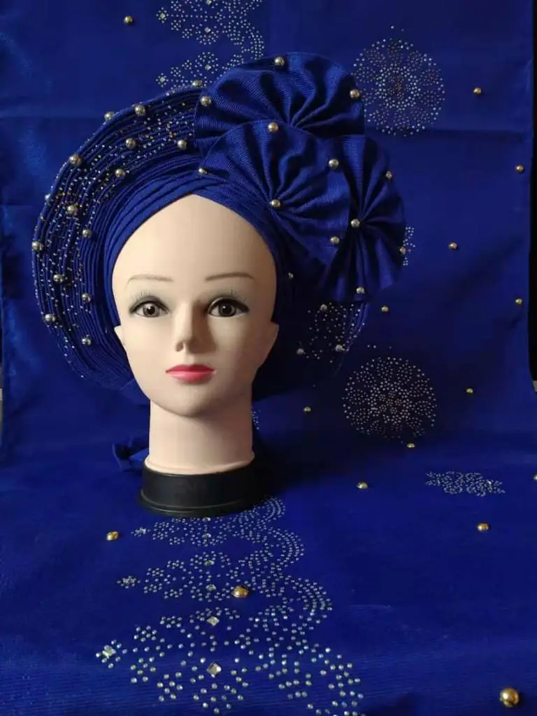 

African headtie with shoulder aso oke gele wedding beaded headgear pretty nigerian headtie gele