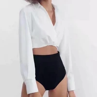 za 2021 spring women fashion white blouses mujer long sleeve tie string sexy navel exposed top lady lapel crop short shirt femme
