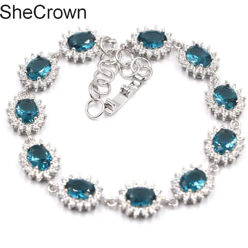 17x11mm Beautiful London Blue Topaz CZ Ladies Engagement Silver Bracelet 7.0-8.0in