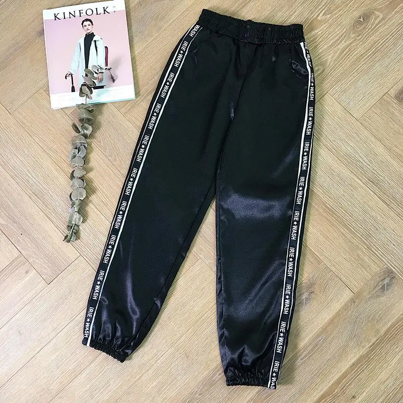 Black Vangull/атласные шаровары с большим карманом, Женские глянцевые брюки до щиколотки с лентой, BF Harajuku, женские спортивные штаны - Цвет: Black