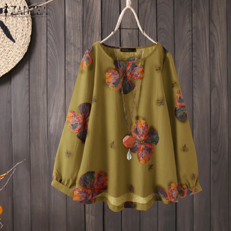 Винтажная блузка ZANZEA с цветочным принтом 2023 женские топы Женские Ретро свободные
