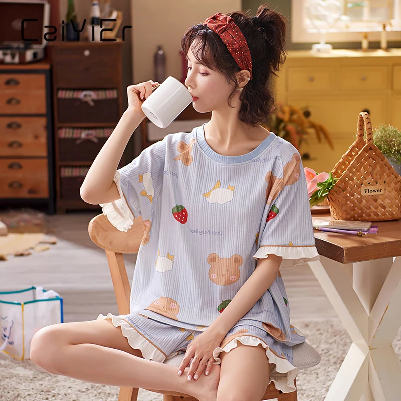 CAIYIER Summer Women Pajamas Set Cute Cartoon Print Sleepwear Short Sleeve Shorts Girl Nightwear Homewear Leisure Sexy Hot Pants