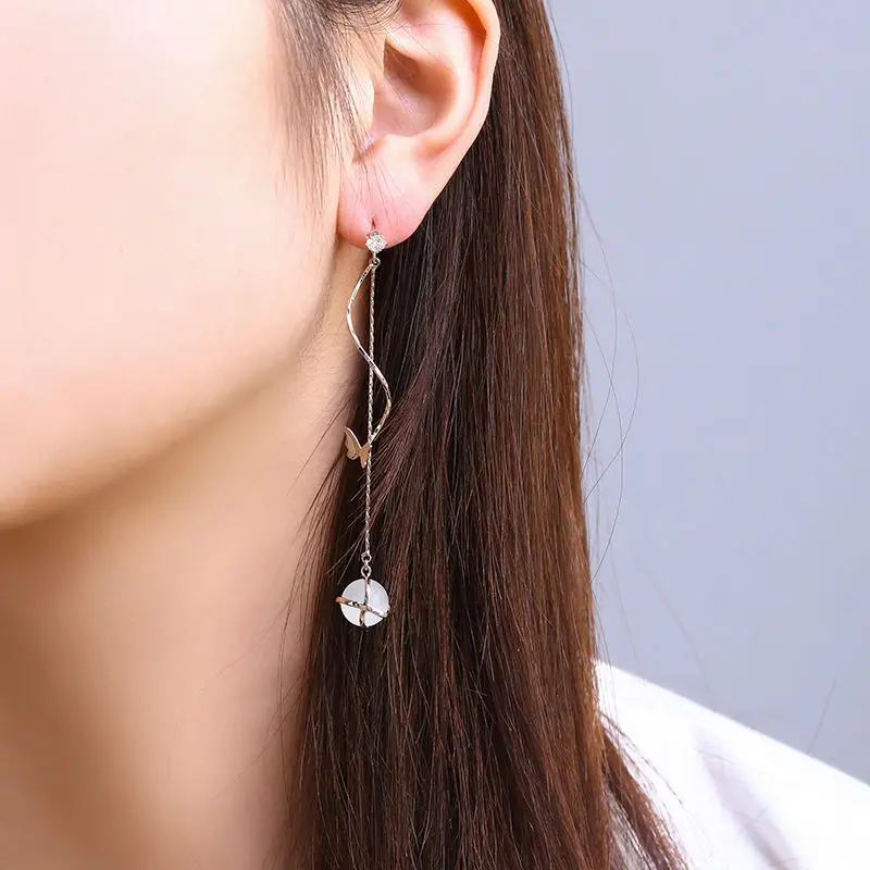 

2021 Summer New Butterfly Cat Eye Stone Long Tassel Earrings S925 Silver Needle Super Thin Temperament Hundred Earrings