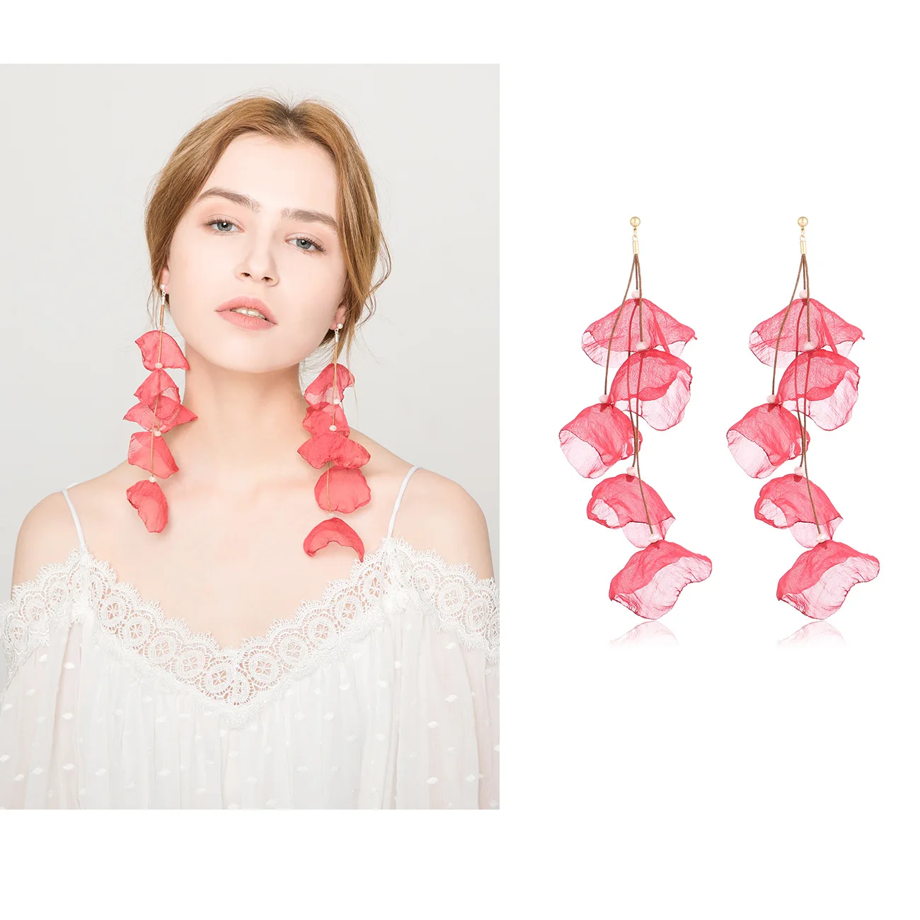 

European and American Style Fashion Earrings For Women Long Rose Petal Tassel Earrings Exaggerated Atmosphere Flower Earrings