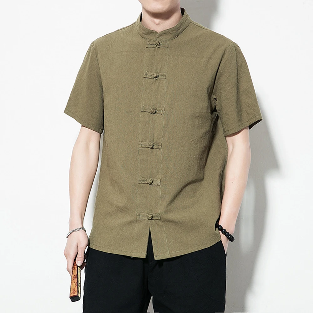 

Men Solid Color Stand Collar Short Sleeve Loose Shirt Chinese Style Tang Suit