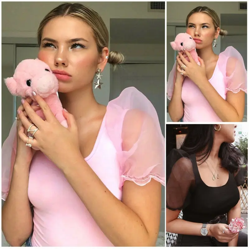 Женская Сетчатая футболка с коротким рукавом и квадратным вырезом | одежда