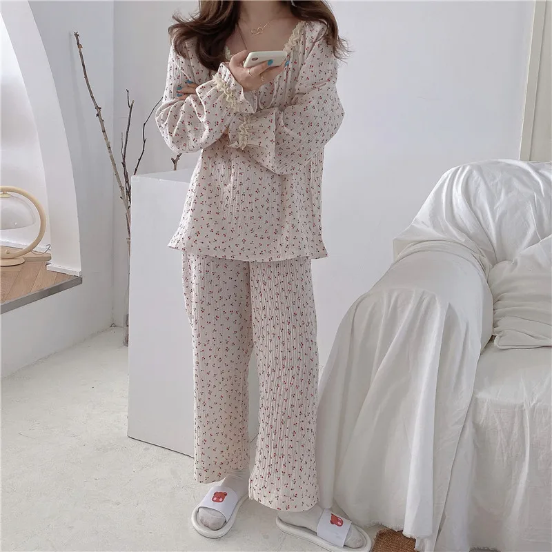 

3 color cherry pajama set women home clothes lace crepe cotton gauze korean sleepwear suit trousers home service spring L829