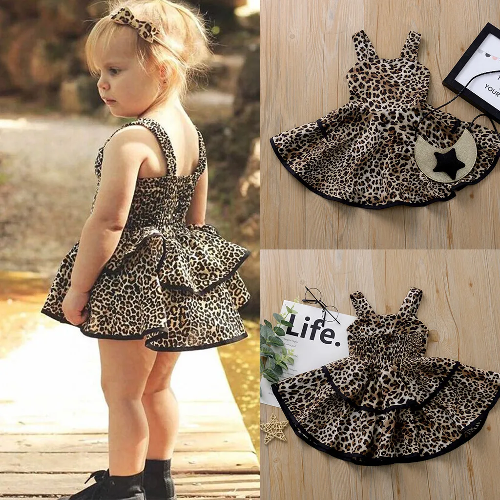 2020 New Spring Summer Girl Dress Kids Baby Girls Strap Ruffles Leopard Print Princess Clothes length Casual | Детская одежда и