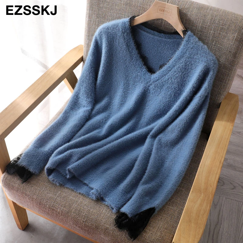 Женский толстый меховой свитер-пуловер с v-образным вырезом кружевной Свитер