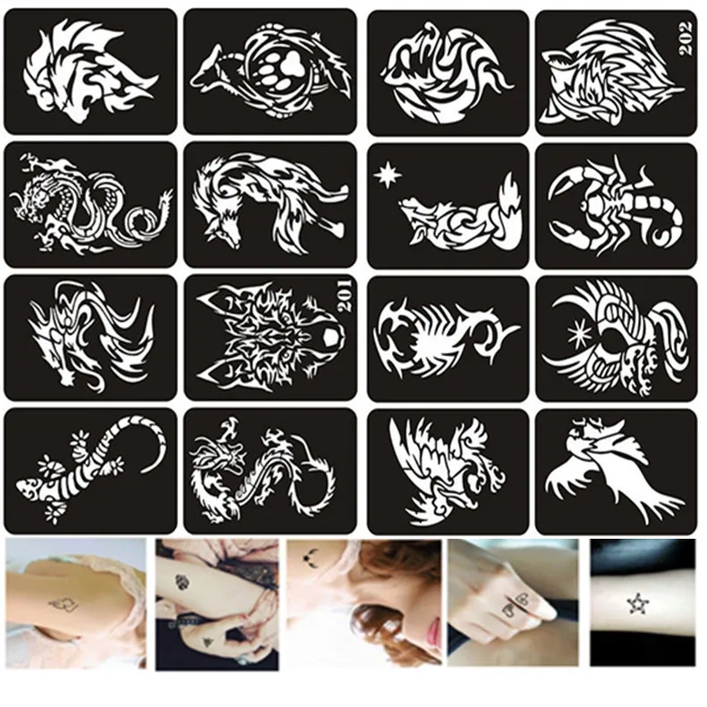 

16pcs/set Henna Stencils for Painting Dragon Lion Scorpion Eagle Fox Glitter Airbrush Stencil for Arm Body Pochoir Peinture