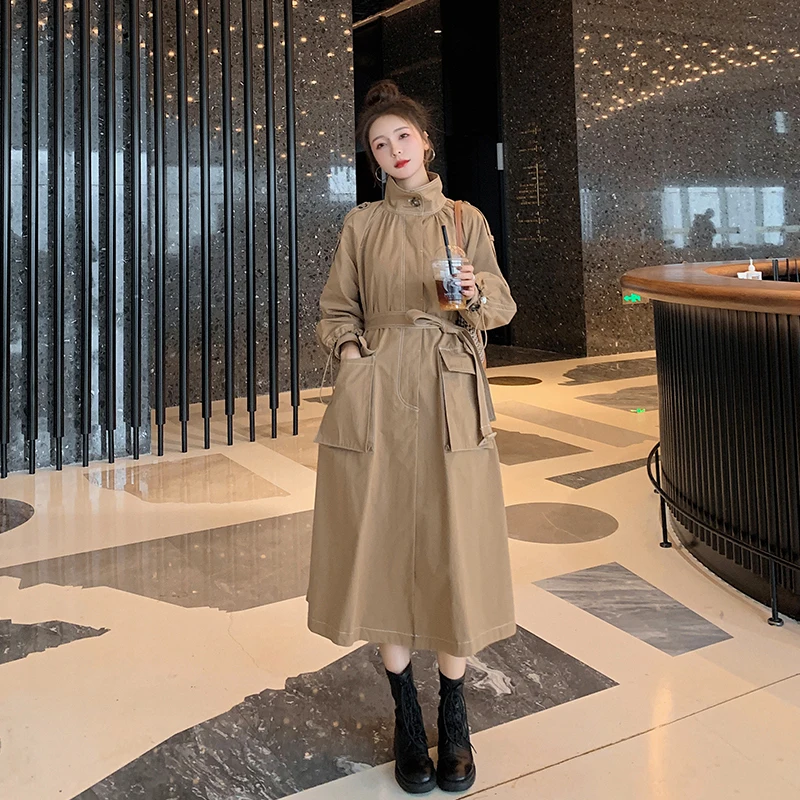 

2020 Spring Trench Long Coat For Women Jackets Korean Poncho Khaki Red Wine Clothes Fashion Femme Robe Undefined Outerwear
