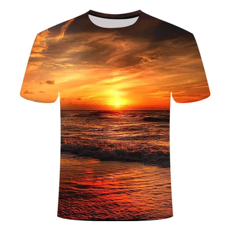 

Summer new men's and women's 3D printed t-shirts beach sunrise and sunset landscapes summer round neck casual refreshing T-shirt
