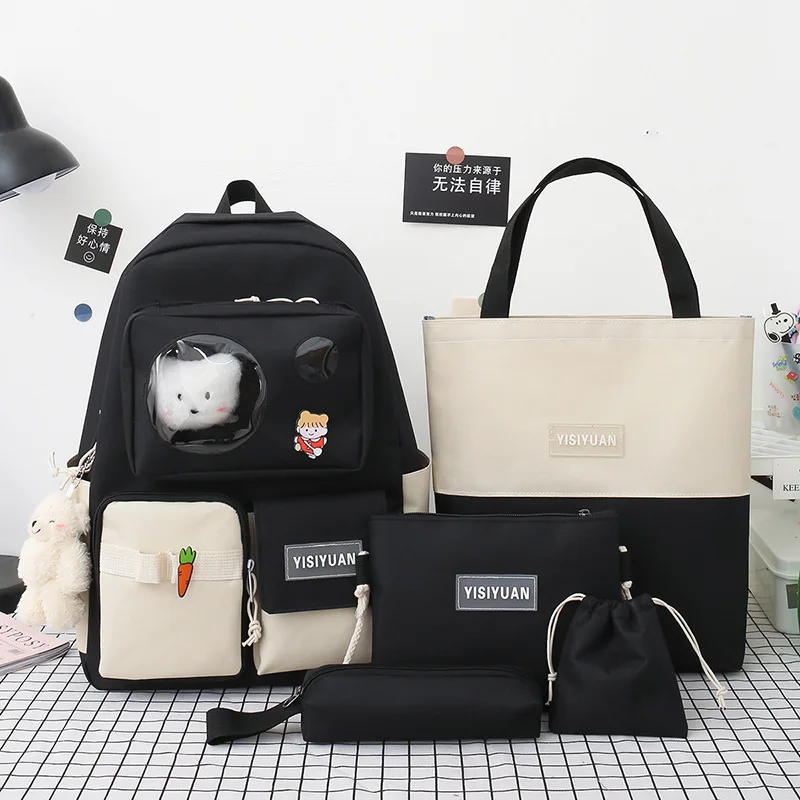 

4Pcs/set Canvas School Laptop Backpacks Women School Bags for Teenage Girls Travel Bags Student Book Bags Cute Cartoon Rucksack