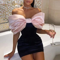 black and pink stitching short mini tight dress female 2021 summer bow sexy elegant tight strapless cold shoulder dress