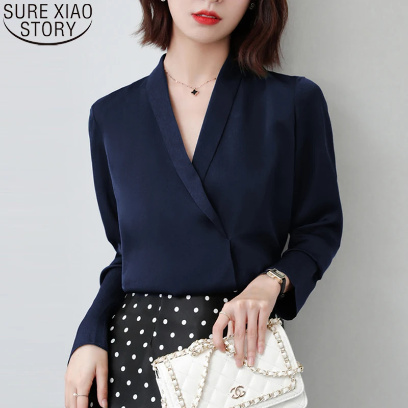 

Office Lady Long Sleeve Shirt Satin Blouses Elegant V-neck Blouse Women Tops Autumn Fashion New Silk Shirt Blusa Mujer 17031