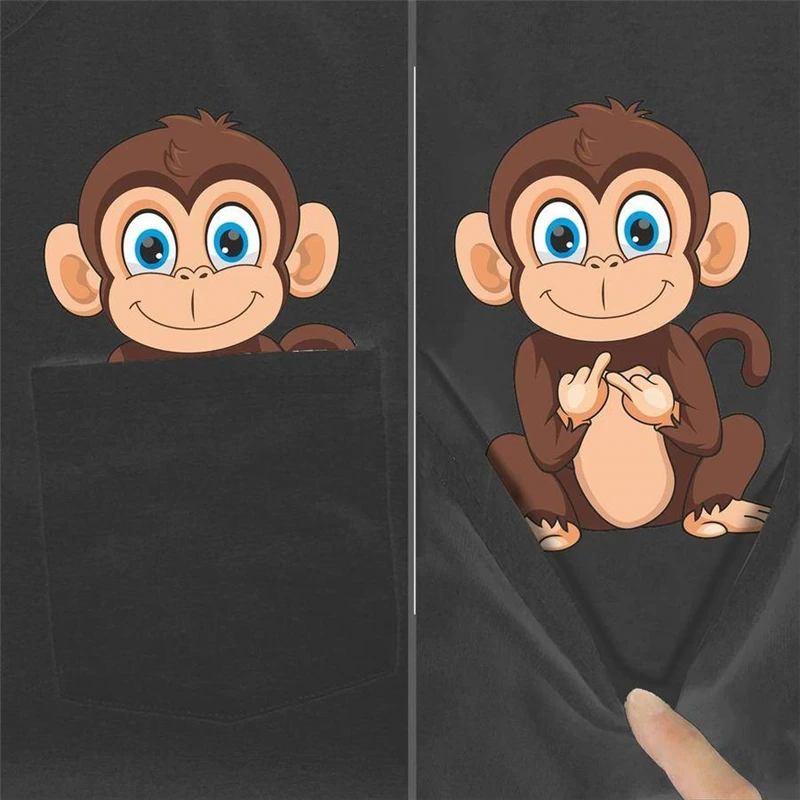 

CLOOCL Cotton T-Shirt Fashion Summer Pocket Monkey 3D Printed Cotton T-shirt Men for Women Funny Black Tee Tops