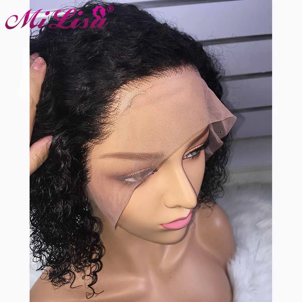 Короткий парик из вьющихся человеческих волос Боб бразильский безглазных без