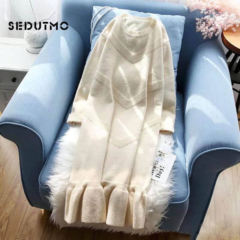 Зимнее вязаное платье свитер SEDUTMO женские теплые плотные платья туника