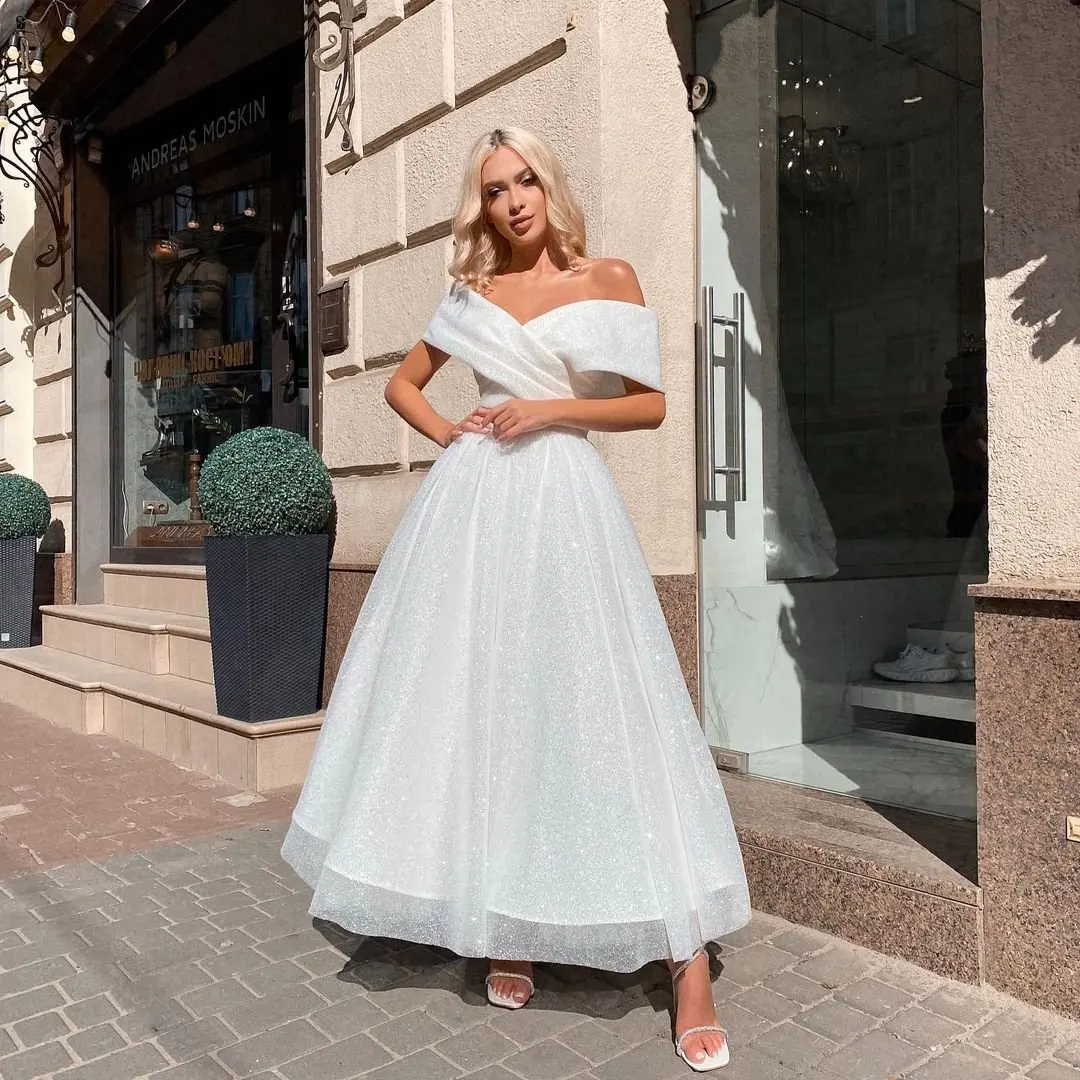 

Eightree White Wedding Dresses 2022 Glitter Off The Shoulder Bridal Dress Sexy Tea Length Floor Length Wedding Gowns Plus Size