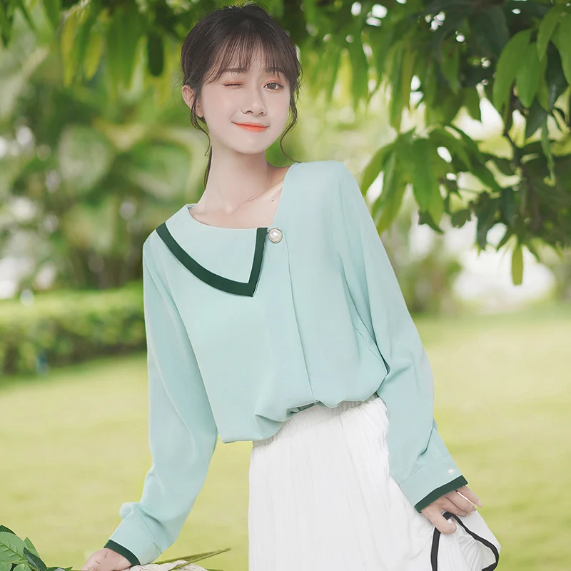 

Шикарная шифоновая рубашка цвета хаки с диагональным воротником для девушек, Новинка весна-осень 2020, нижнее белье с длинным рукавом, блузка ...