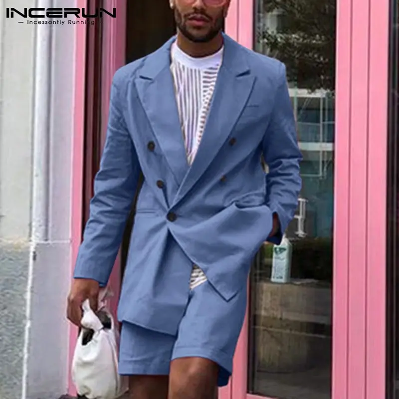 

Модный мужской комплект INCERUN, однотонная уличная одежда, двубортный пиджак с отворотом и шорты на пуговицах, 2021, элегантные мужские повседне...
