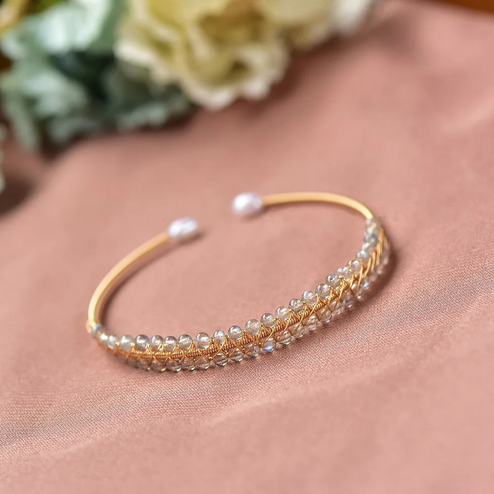 

Браслет из натурального серого лунного света, ручная работа, открытое золото 14 к, маленькая фея, темпераментные украшения, браслет из лабрадорита