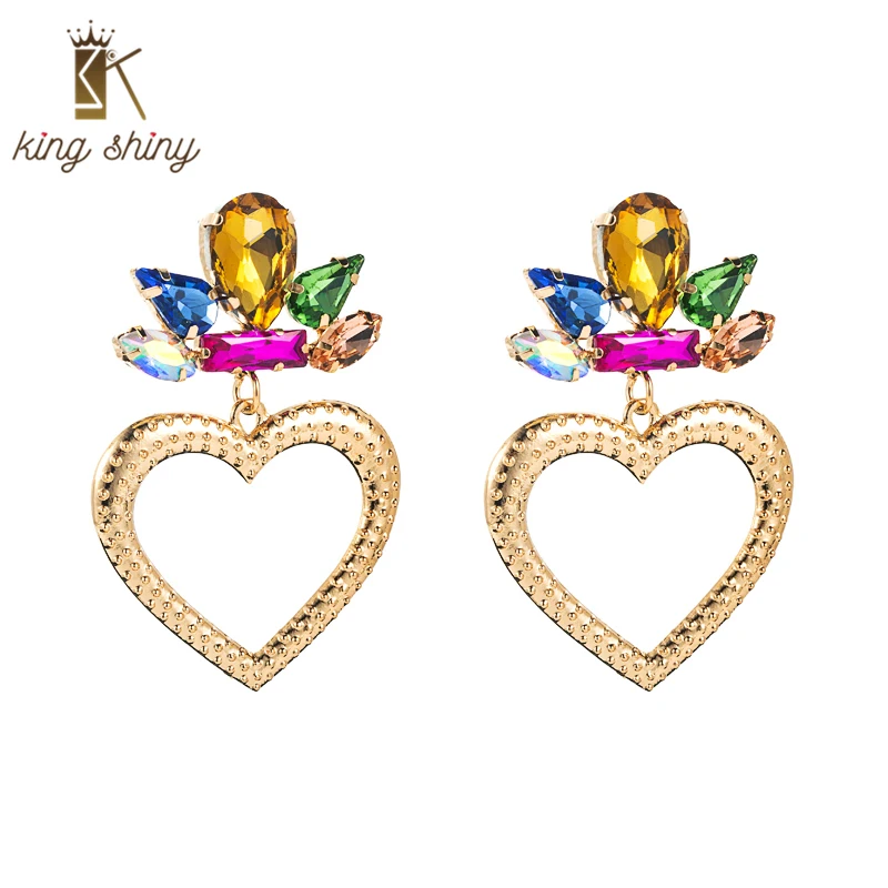 Блестящие корейские Разноцветные серьги-подвески King в форме сердца с кристаллами, элегантные геометрические серьги из драгоценных камней, ...
