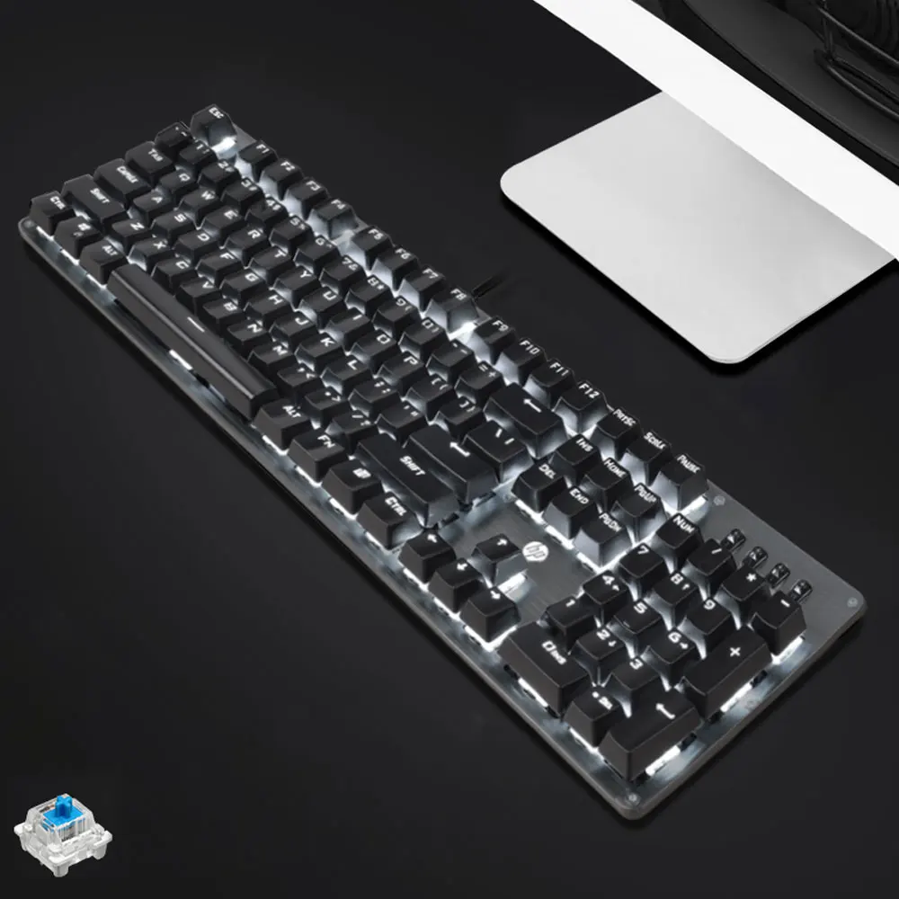 Hp GK100 Механическая игровая клавиатура с подсветкой, синий, красный переключатель, 104 клавиш, металлический цветной светодиодный компьютер с подсветкой, Проводная клавиатура для геймера