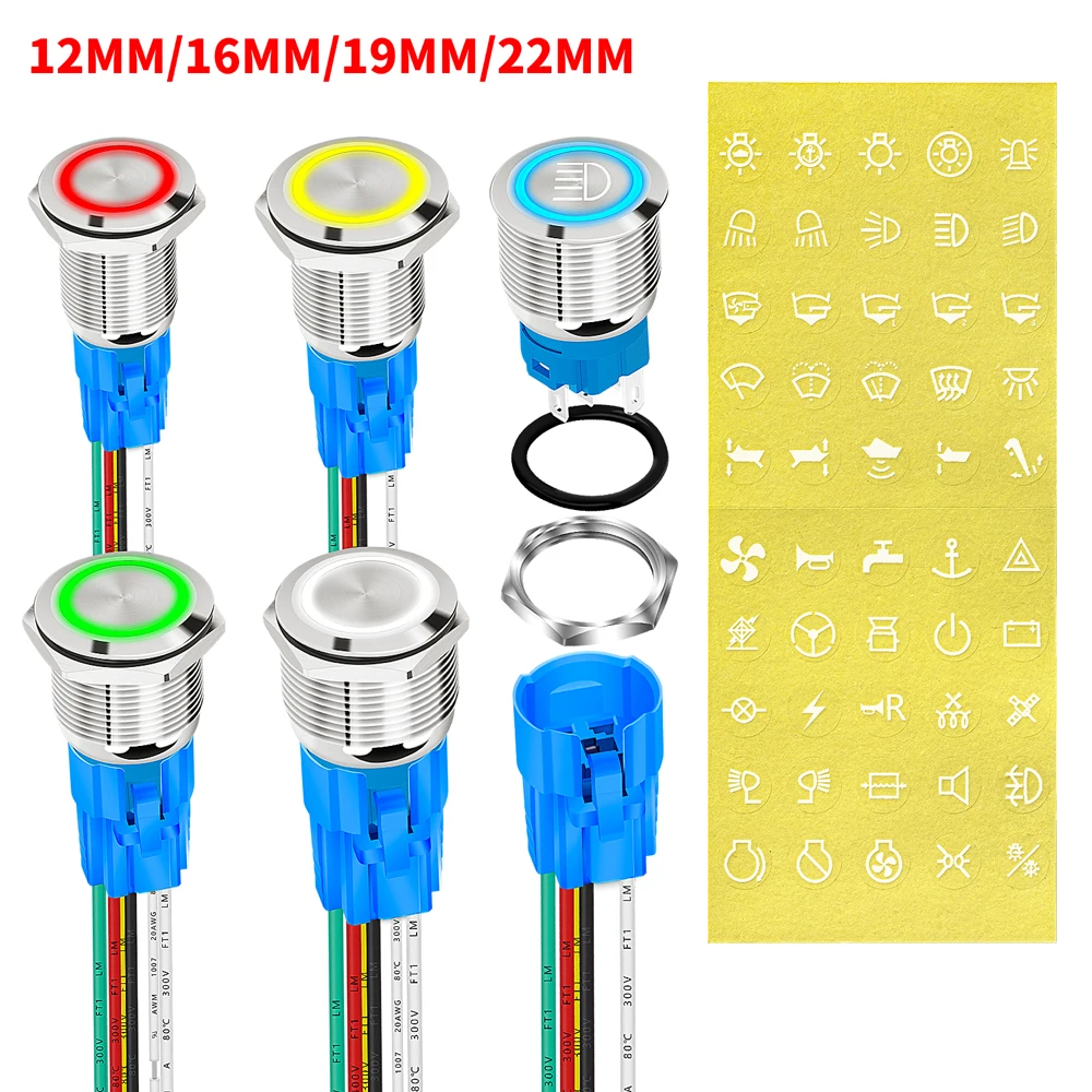 

12MM 16MM 19MM 22MM Metal LED Push Button Switch 12V 24V 220V Light Waterproof Latching Momentary Power Pushbutton Illuminated