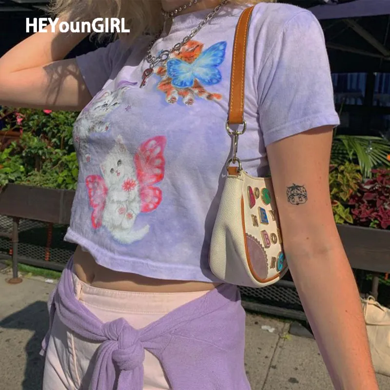 Летняя Повседневная Милая укороченная футболка HEYounGIRL с принтом кошки модная
