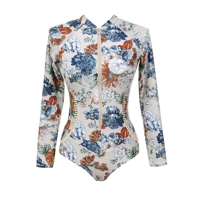 

HStar 2020 Ladies Summer Beach Wear Swimsuit Women One Piece Bodysuit Floral Print Long Sleeve Bodysuits Bathing Suit