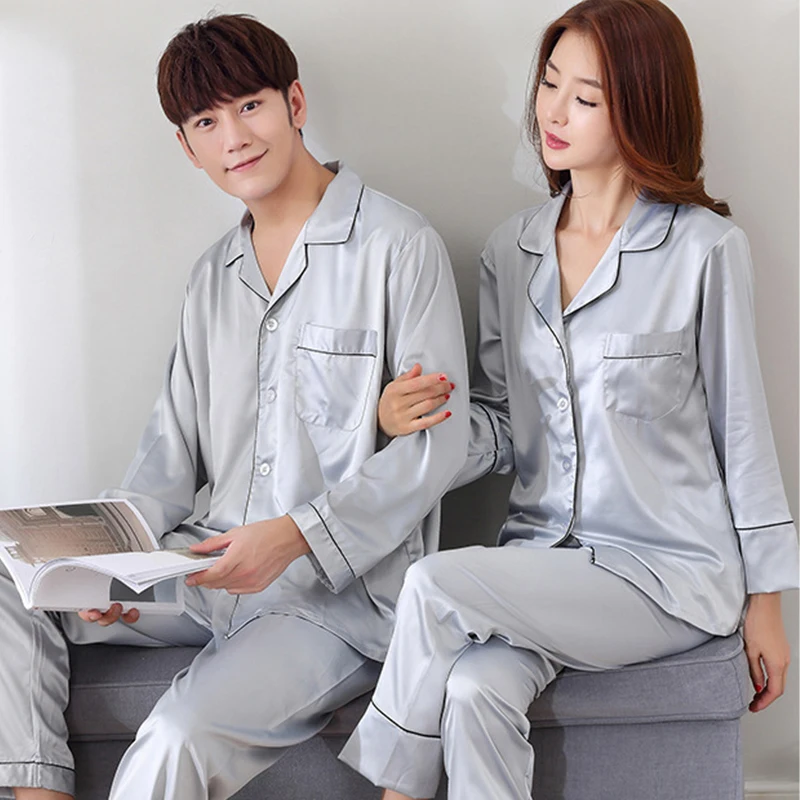 

BZEL Silk Satin Couples Pajamas Set For Women Men Long Sleeve Sleepwear Pyjamas Suit Home Clothing His-and-hers Clothes Pijamas