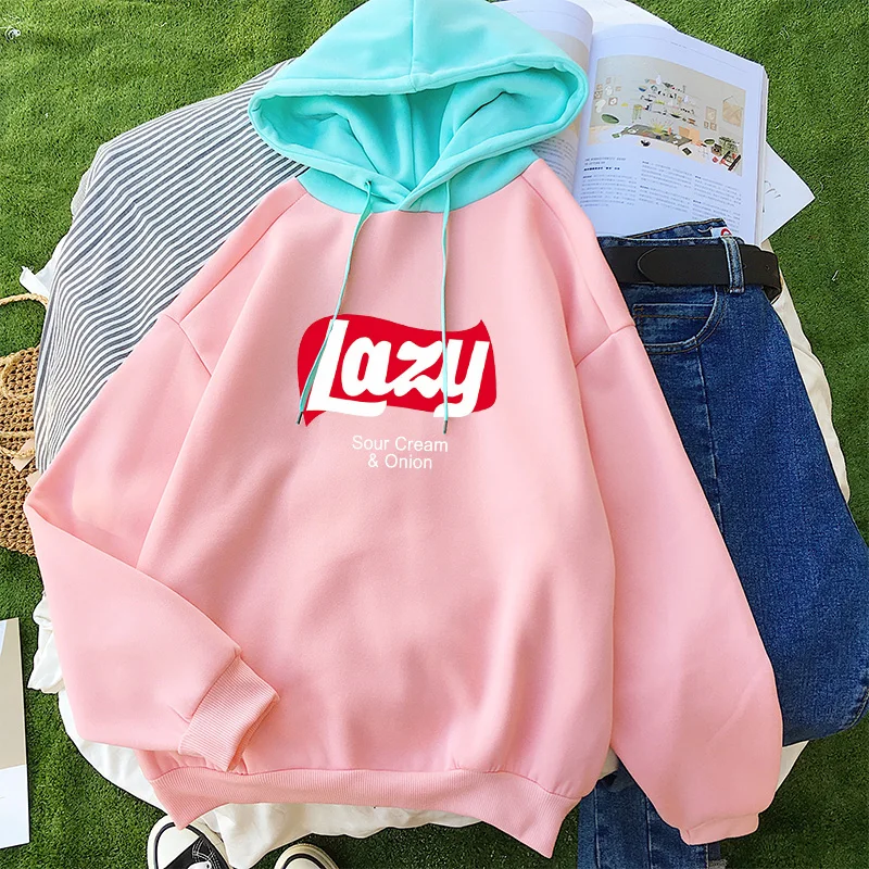 

Women Lazy Letter Printed Hoodies Sweatshirts Autumn Winter New Fleece Drop Shoulder Spell Color Patchwork Hooded Sudadera Mujer