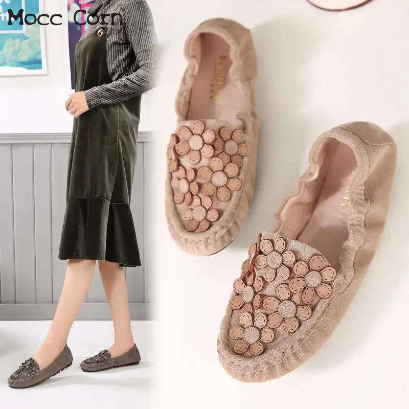 Балетки женские на плоской подошве лоферы без застежки цветочные Мокасины замша