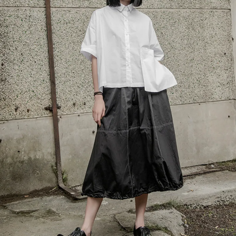 

TVVOVVIN Summer New Women's Short Sleeve Shirt Japan Style Simple Cardigan Lapel Spliced Large Pocket Blouse JIDW