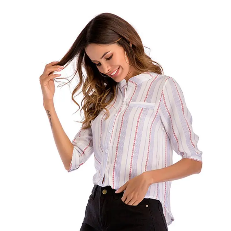 Женская рубашка в полоску с воротником-стойкой и рукавом три четверти весна-лето