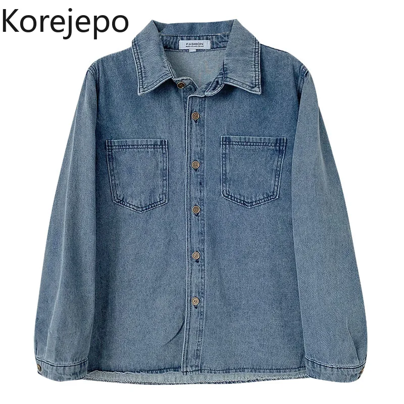 

Женская джинсовая куртка кореjepo, однотонный Универсальный Новый дизайн осени 2021, Свободный Повседневный Топ с отложным воротником и длинны...
