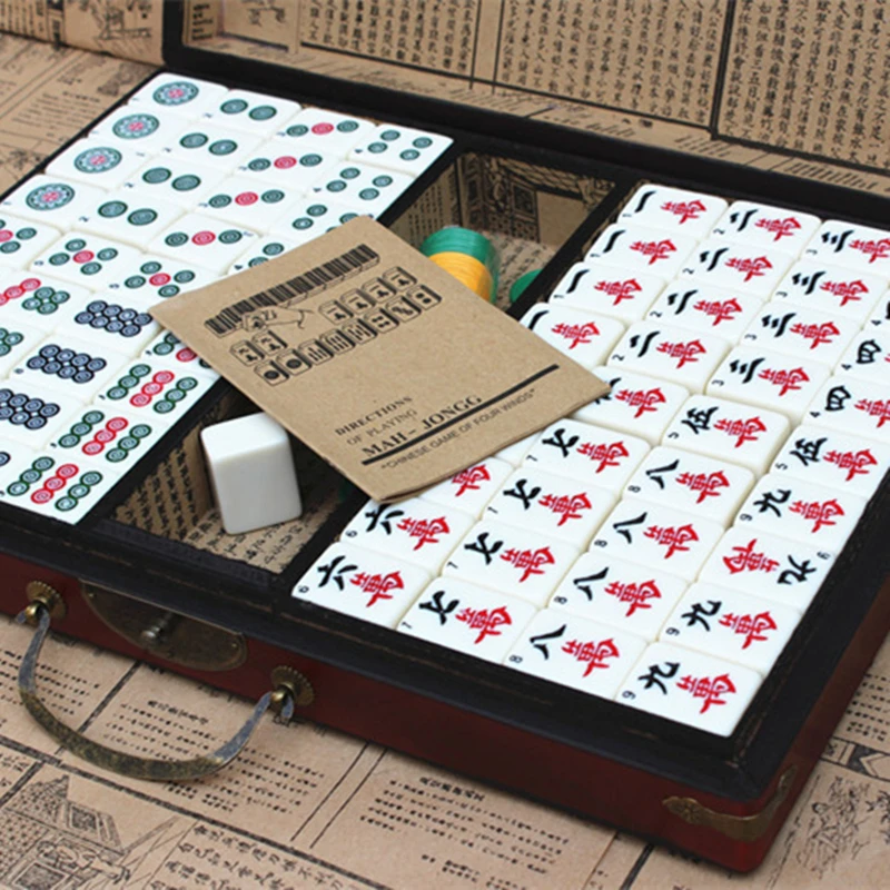 Large Mahjong Portable Wooden Boxes Set Table Game Mah-jong Travelling Board Game Indoor Antique Leather Box English Manual