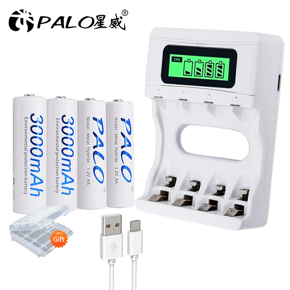 4pcs aa with charger 4 слота ЖК-дисплей AA зарядное устройство для батареи aa/AAA батареи+ 4 шт AA 3000mah nimh 1,2 V перезаряжаемые батареи - Цвет: 4pcs aa with charger