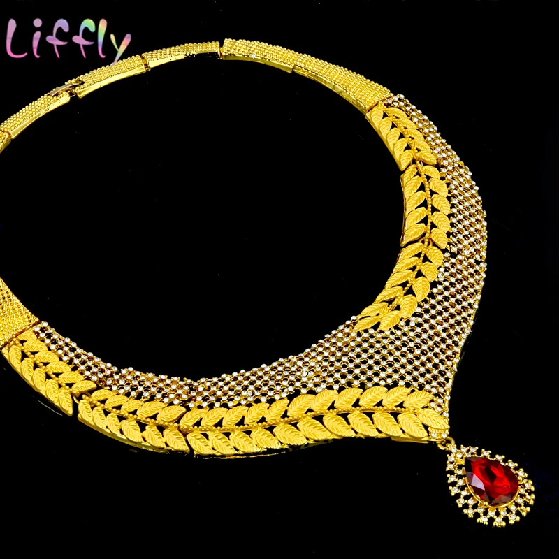 Dubai Gold Jewelry Sets for Women Wedding Party Fashion Crystal Necklace Earrings Ring Bracelet Red Classic | Украшения и