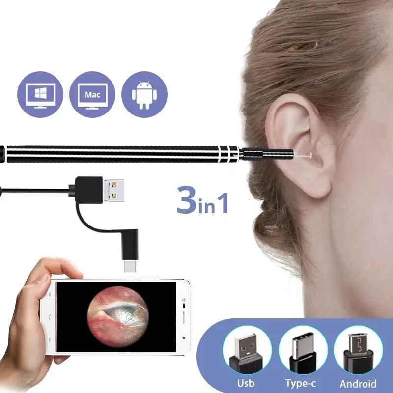 3 в 1 USB эндоскоп для чистки ушей HD визуальная Ушная ложка функциональный диагностический инструмент очиститель ушей Android 720P камера Уход за ушами