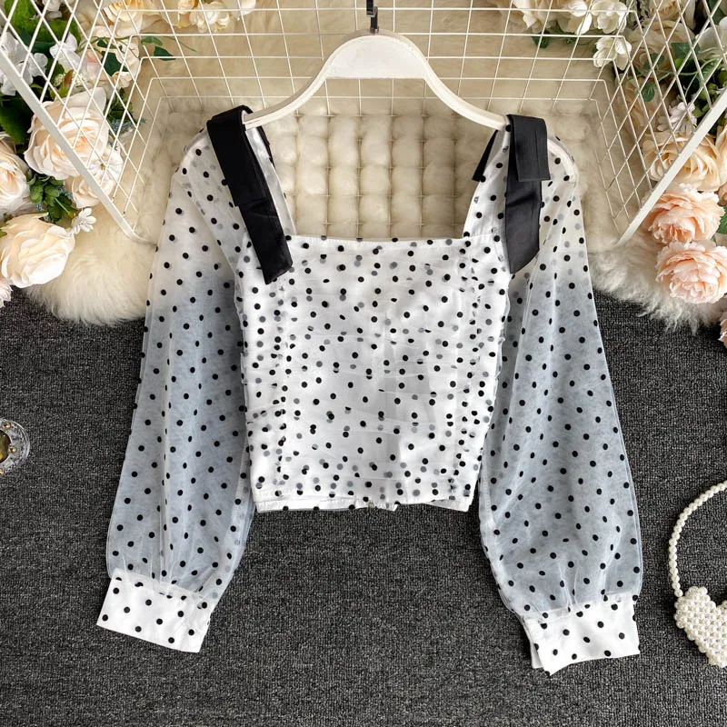 SINGRAIN Женская Осенняя блузка в горошек Корейском стиле шикарная сетчатая с