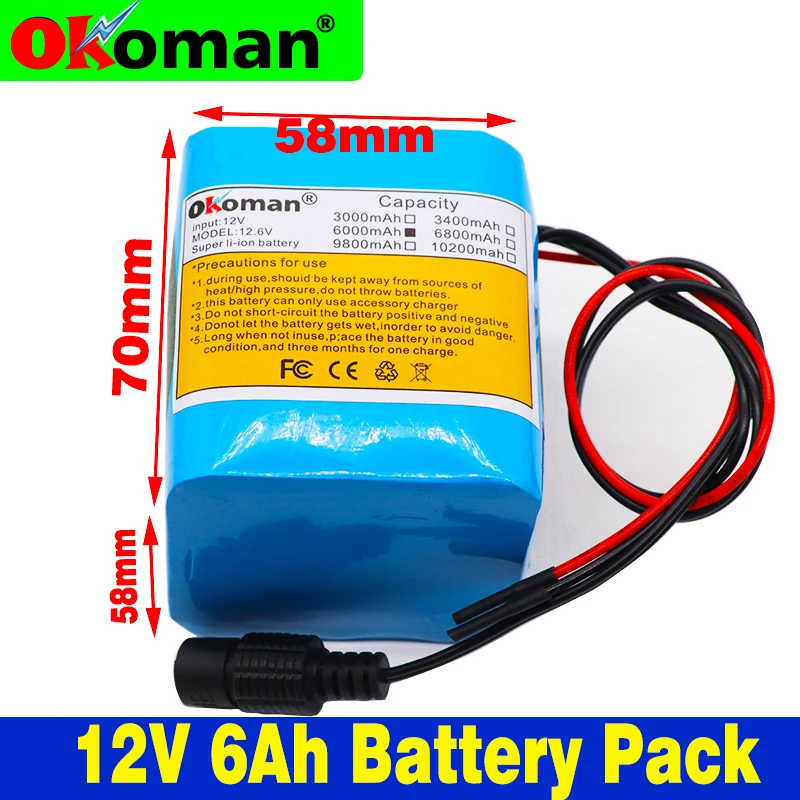 Okoman аккумулятор большой емкости 12V 6000mAh 18650 литий ионный 6Ah DC12.6V портативный