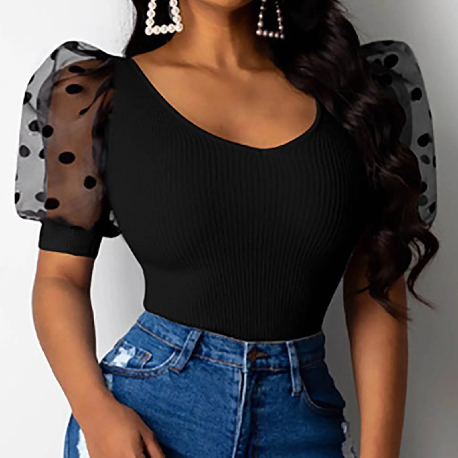 

40# Sexy Slim T Shirt Women Elastic Slim Wave Point Tops Woman Perspective Short Sleeve Solid T-Shirt футболка оверсайз