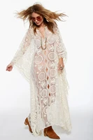 fashion loose v neck bat sleeve hollow mesh maxi dress women luxury elegant sexy white translucent robe lace beach long dresses