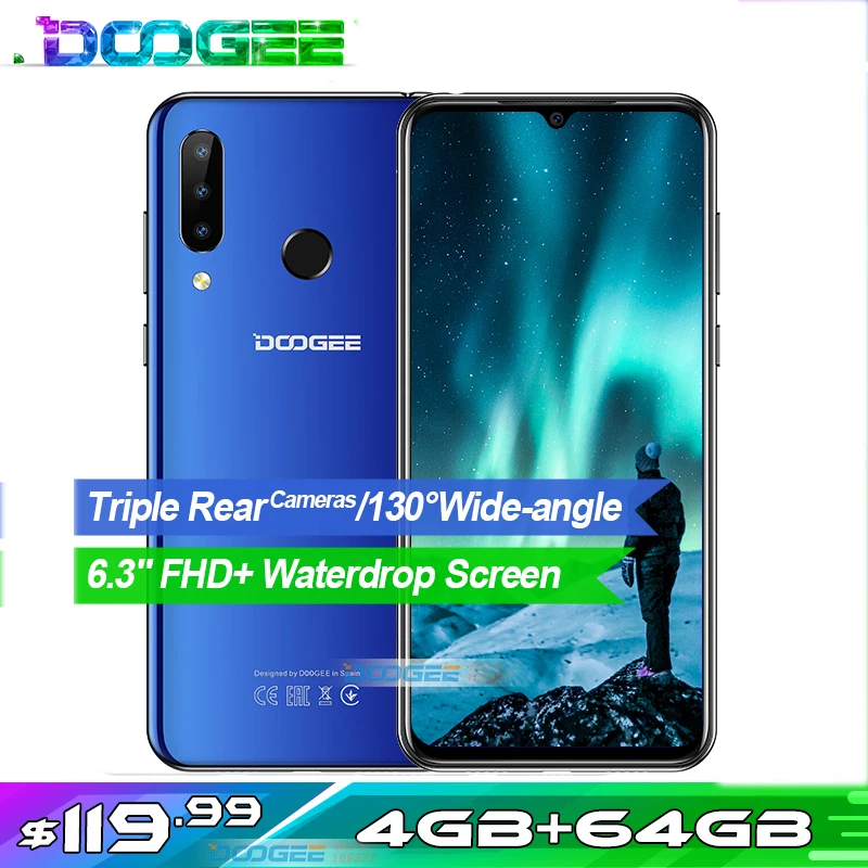 Doogee N20 мобильный телефон 6," 4 Гб+ 64 Гб Восьмиядерный 4G смартфон экран капли 16 МП Тройная задняя камера 4350 мАч 10 Вт зарядка