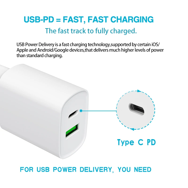 

18W Quick Charge QC3.0 Type-C+PD3.0 PD Turbo Wall Fast Charger For iPhone Samsung Xiaomi Mobile Phone