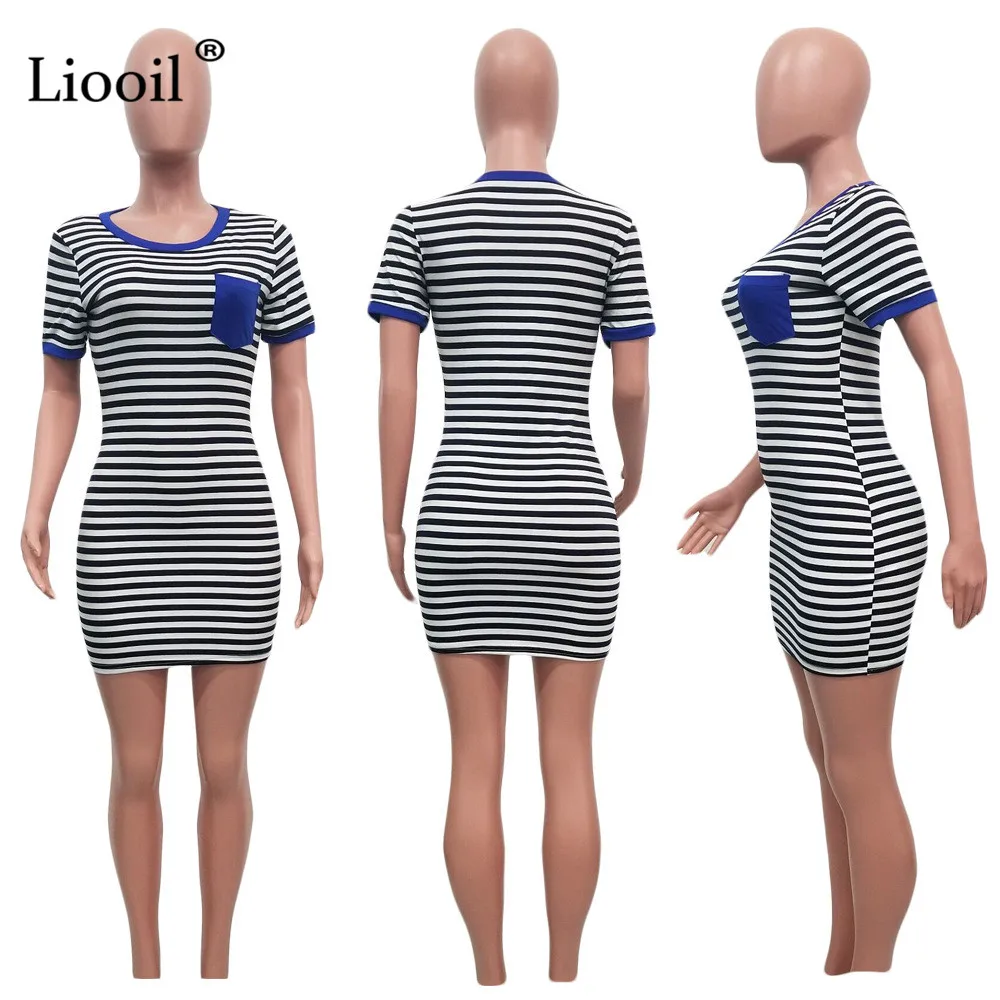 Liooil черно-белое Полосатое мини-платье-рубашка женская сексуальная клубная одежда Мода О-образным вырезом карман Bodycon Вечерние бесшовная плотно прилегающая юбка платья