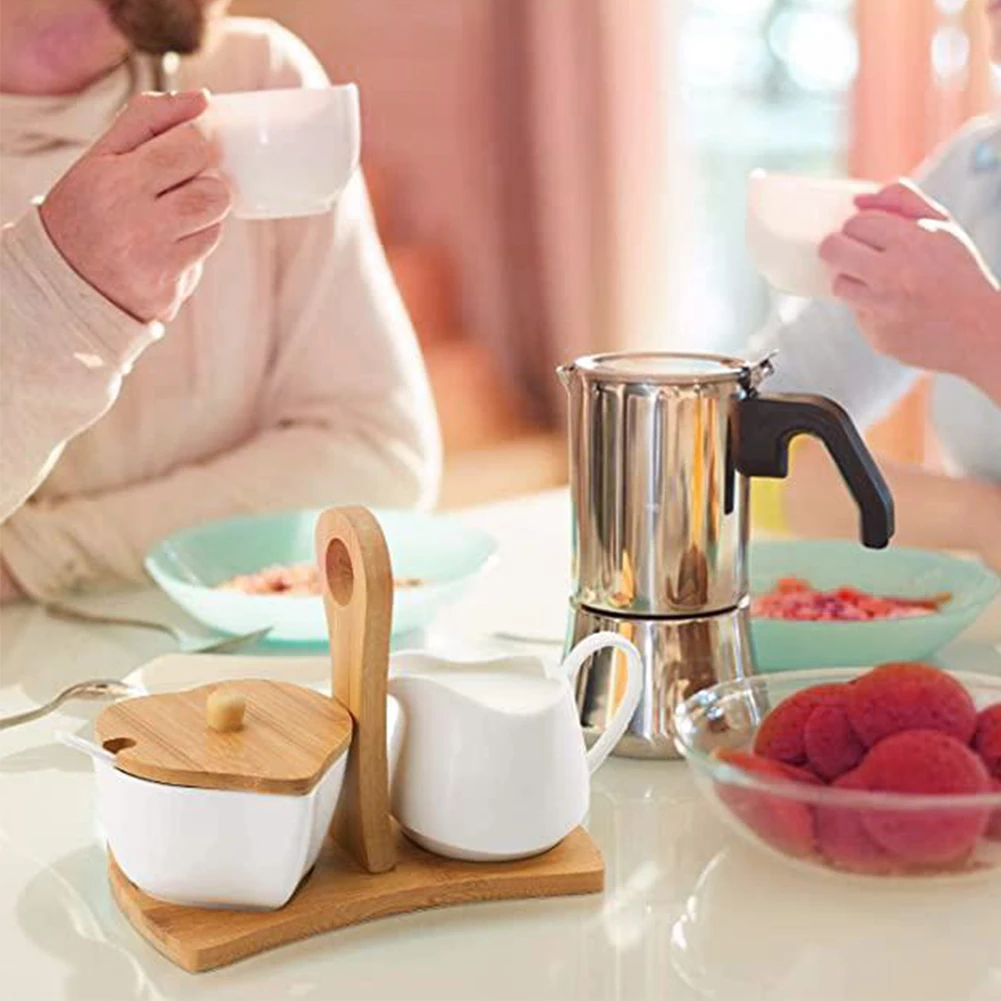 

Milk Serving Sets Ceramic Cream Jug Sugar Bowl Container With Lid Spoons Wood Tray Gold Line Sauce Creamer Pot Candy Jar